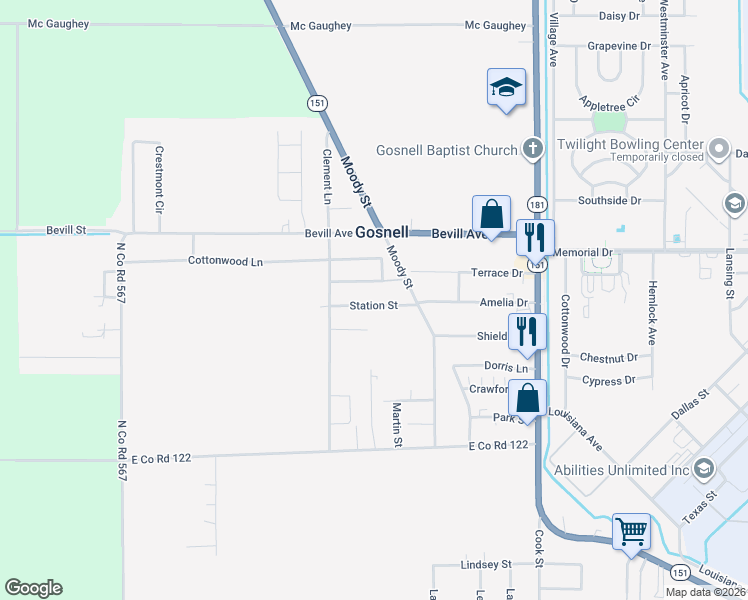 map of restaurants, bars, coffee shops, grocery stores, and more near 575 Moody Street in Blytheville