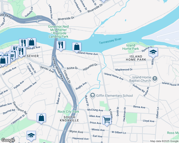 map of restaurants, bars, coffee shops, grocery stores, and more near 1758 Hillwood Drive in Knoxville
