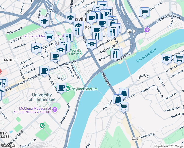 map of restaurants, bars, coffee shops, grocery stores, and more near 815 Front Avenue in Knoxville