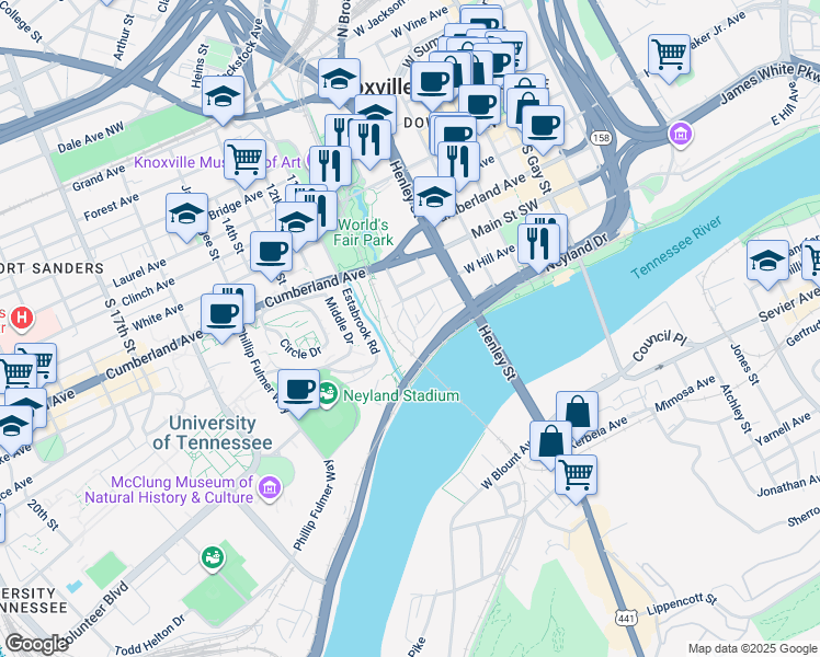 map of restaurants, bars, coffee shops, grocery stores, and more near 816 West Hill Avenue in Knoxville