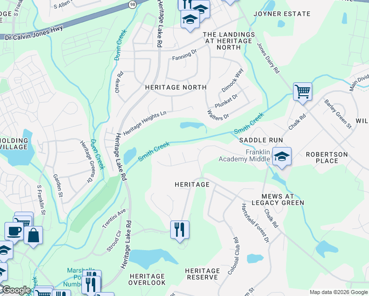 map of restaurants, bars, coffee shops, grocery stores, and more near 1020 Hidden Jewel Lane in Wake Forest