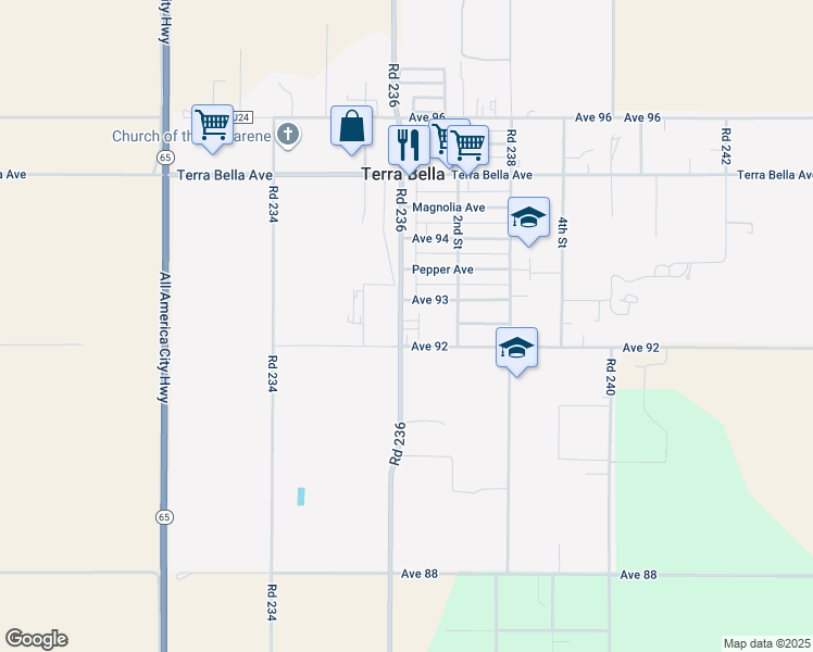 map of restaurants, bars, coffee shops, grocery stores, and more near 9246 California 65 in Terra Bella