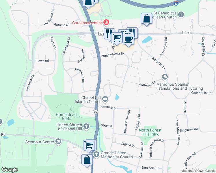 map of restaurants, bars, coffee shops, grocery stores, and more near 211 Black Tie Lane in Chapel Hill