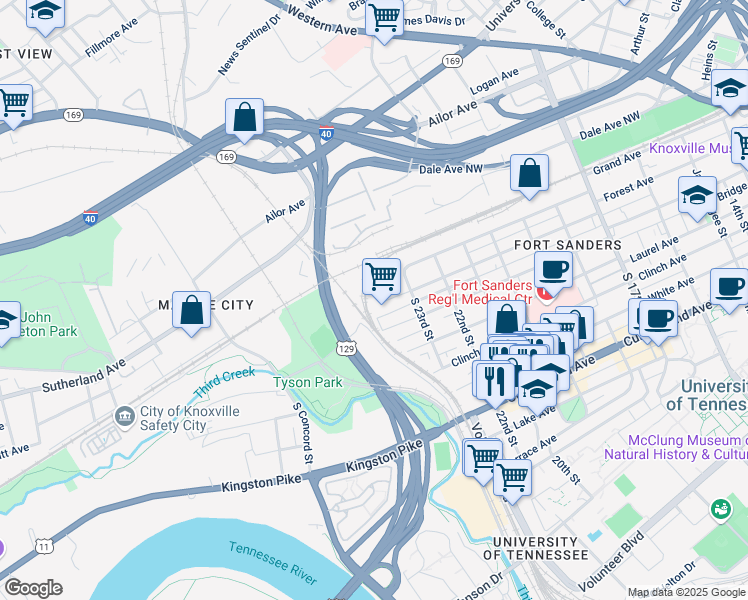 map of restaurants, bars, coffee shops, grocery stores, and more near 2315 Forest Avenue in Knoxville