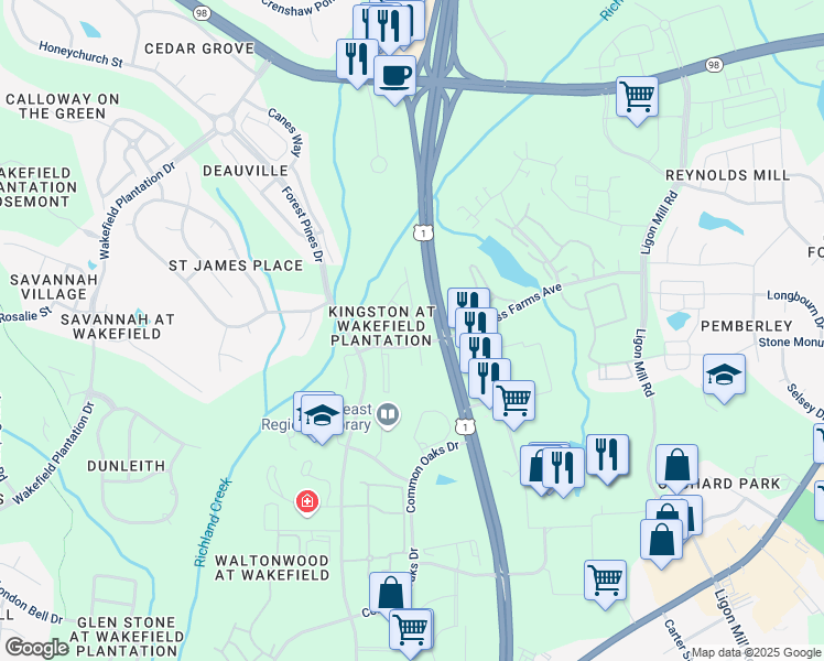 map of restaurants, bars, coffee shops, grocery stores, and more near 11827 Canemount Street in Raleigh