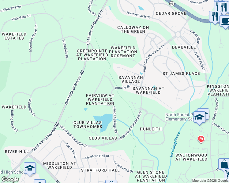 map of restaurants, bars, coffee shops, grocery stores, and more near 12617 Village Springs Road in Raleigh