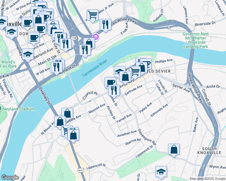 map of restaurants, bars, coffee shops, grocery stores, and more near 725 Sevier Avenue in Knoxville