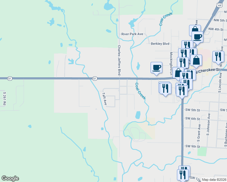 map of restaurants, bars, coffee shops, grocery stores, and more near 1802 Southwest 2nd Street in Wagoner
