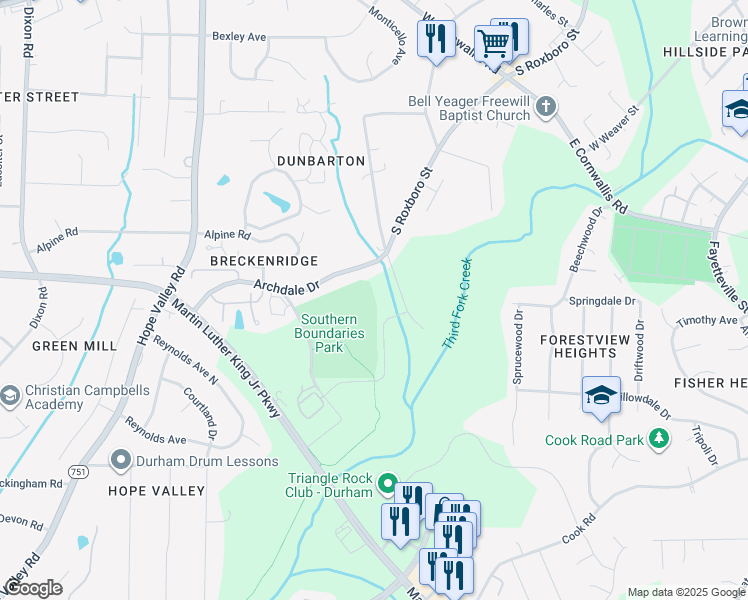 map of restaurants, bars, coffee shops, grocery stores, and more near 2516 Oak Ridge Boulevard in Durham