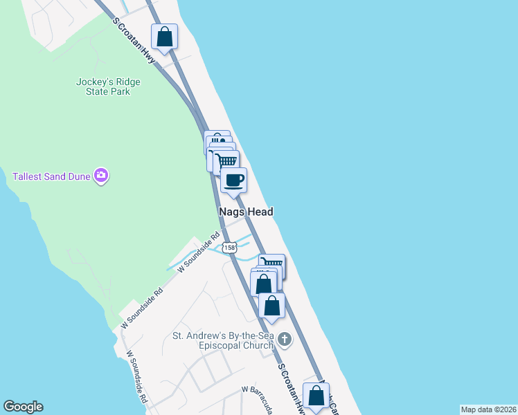 map of restaurants, bars, coffee shops, grocery stores, and more near in Nags Head