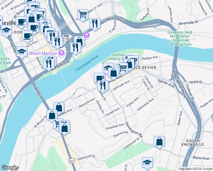 map of restaurants, bars, coffee shops, grocery stores, and more near 2004 City Vista Way in Knoxville