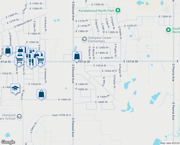 map of restaurants, bars, coffee shops, grocery stores, and more near 1165 East 143rd Street in Glenpool