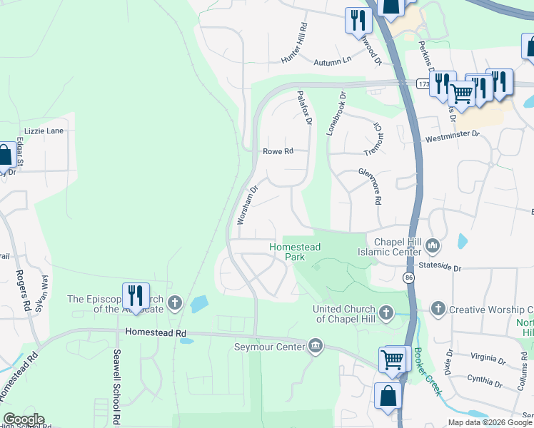 map of restaurants, bars, coffee shops, grocery stores, and more near 101 Christine Court in Chapel Hill