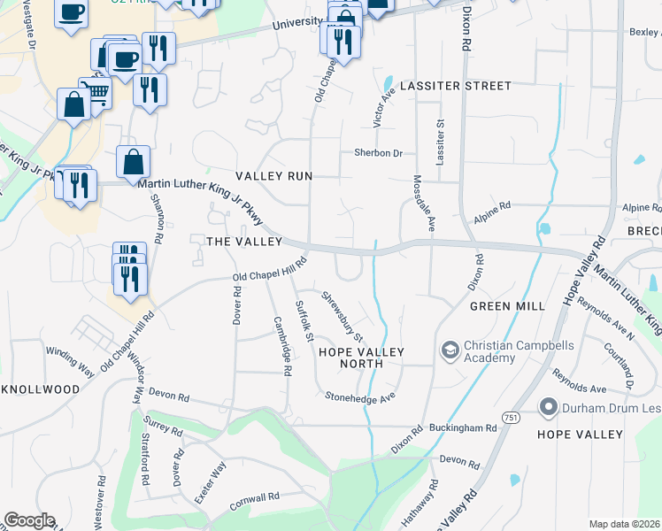 map of restaurants, bars, coffee shops, grocery stores, and more near 3635 Glidewell Court in Durham