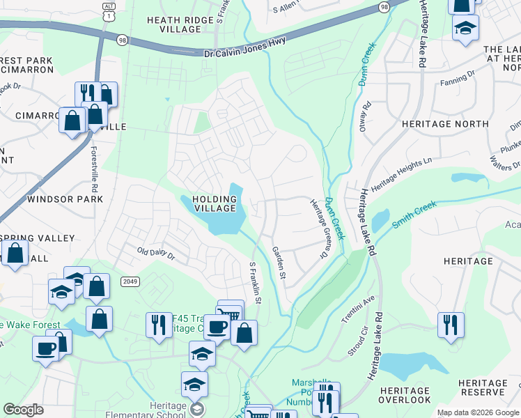 map of restaurants, bars, coffee shops, grocery stores, and more near 1498 Friendship Chapel Road in Wake Forest