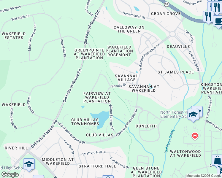 map of restaurants, bars, coffee shops, grocery stores, and more near 12617 Village Springs Road in Raleigh