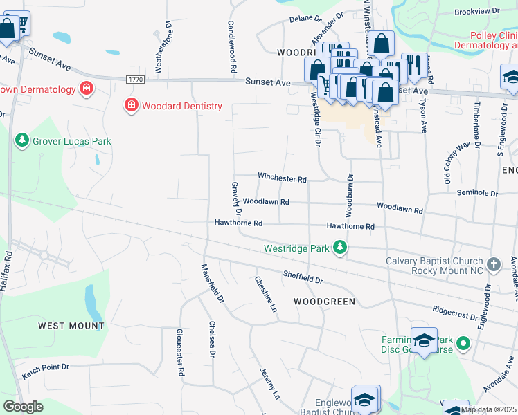 map of restaurants, bars, coffee shops, grocery stores, and more near 3811 Woodlawn Road in Rocky Mount