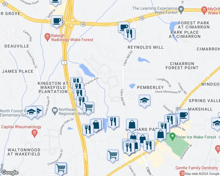 map of restaurants, bars, coffee shops, grocery stores, and more near Woodfield Creek Drive in Wake Forest