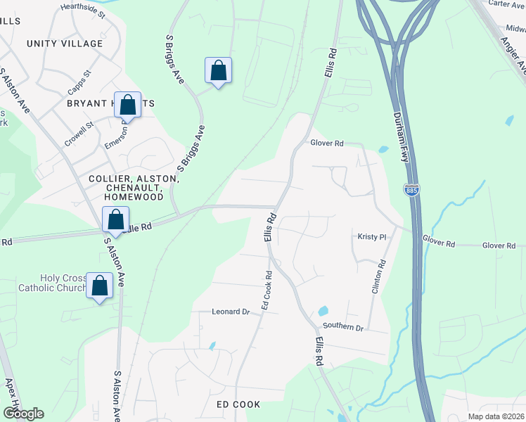 map of restaurants, bars, coffee shops, grocery stores, and more near 1110 Ellis Road in Durham
