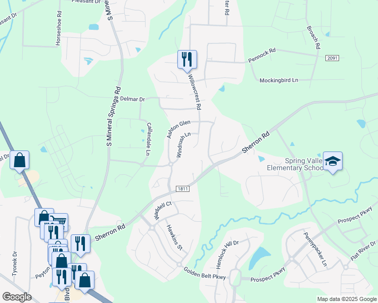 map of restaurants, bars, coffee shops, grocery stores, and more near 125 Windrush Lane in Durham