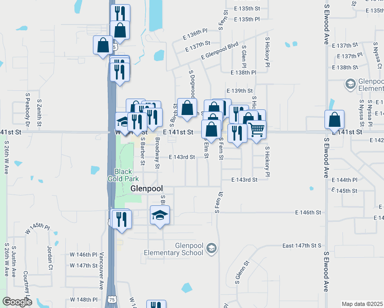 map of restaurants, bars, coffee shops, grocery stores, and more near 257 East 143rd Street in Glenpool