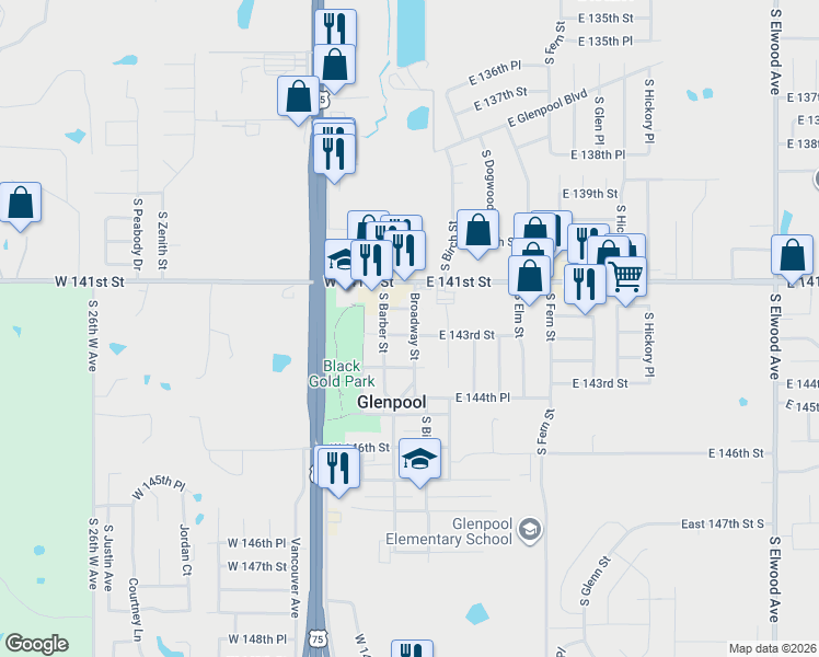 map of restaurants, bars, coffee shops, grocery stores, and more near 14257 South Broadway Street in Glenpool
