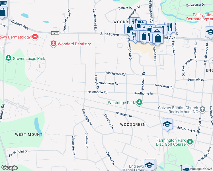map of restaurants, bars, coffee shops, grocery stores, and more near 3811 Woodlawn Road in Rocky Mount