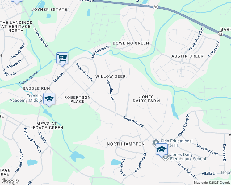 map of restaurants, bars, coffee shops, grocery stores, and more near 6505 Austin Creek Drive in Wake Forest