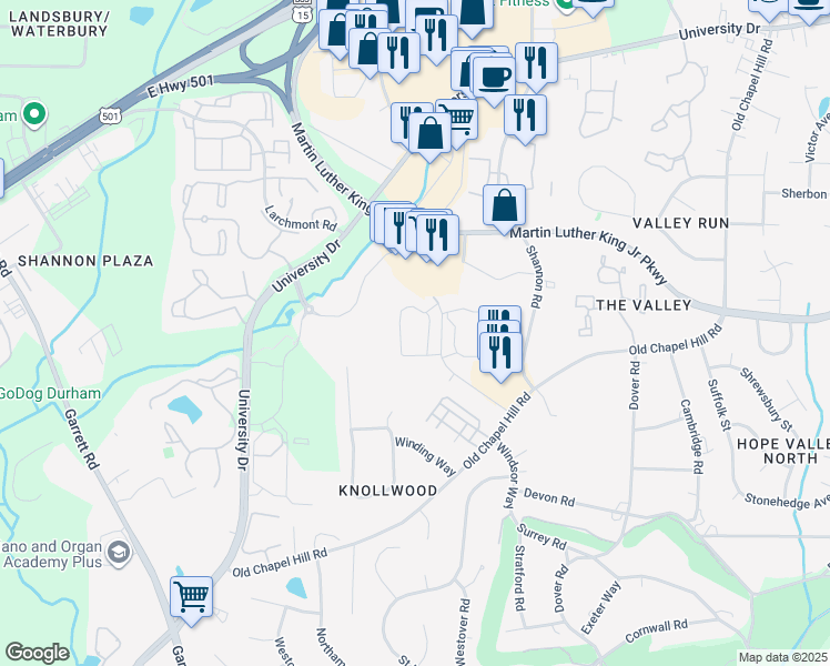 map of restaurants, bars, coffee shops, grocery stores, and more near 1801 Williamsburg Road in Durham