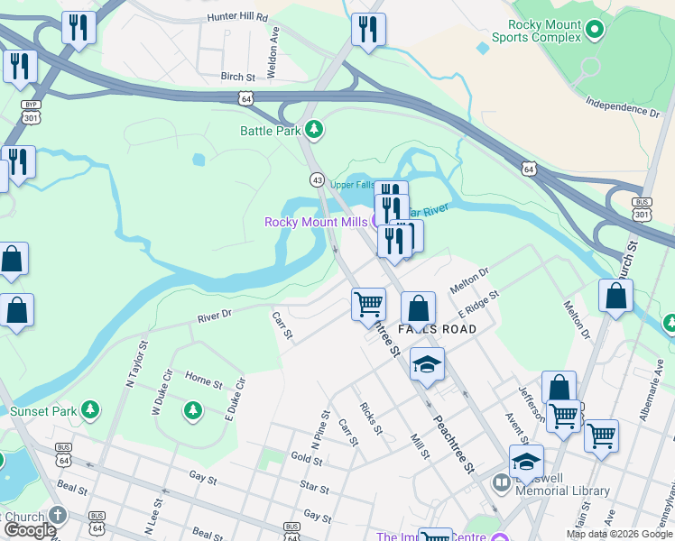 map of restaurants, bars, coffee shops, grocery stores, and more near 1108-1198 Peachtree Street in Rocky Mount