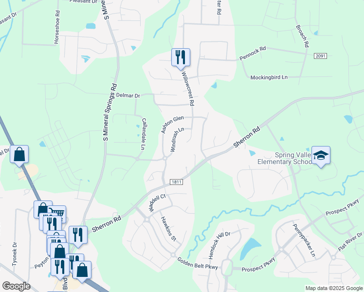 map of restaurants, bars, coffee shops, grocery stores, and more near 125 Windrush Lane in Durham