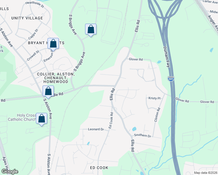 map of restaurants, bars, coffee shops, grocery stores, and more near 1110 Ellis Road in Durham
