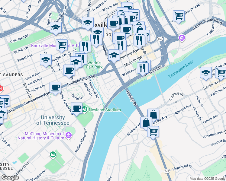 map of restaurants, bars, coffee shops, grocery stores, and more near 801 Front Avenue in Knoxville