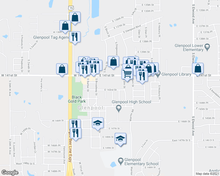 map of restaurants, bars, coffee shops, grocery stores, and more near 163 East 143rd Street in Glenpool