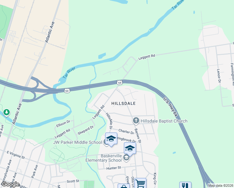 map of restaurants, bars, coffee shops, grocery stores, and more near 1213 Leggett Road in Rocky Mount
