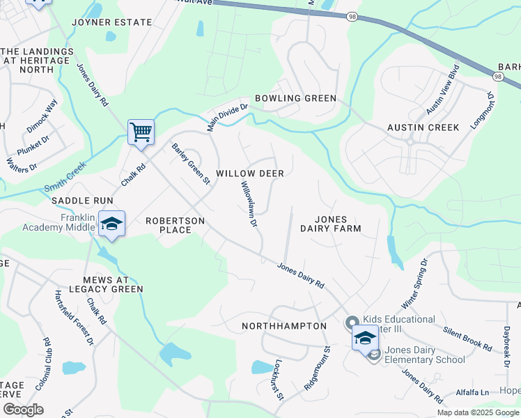 map of restaurants, bars, coffee shops, grocery stores, and more near 6505 Austin Creek Drive in Wake Forest