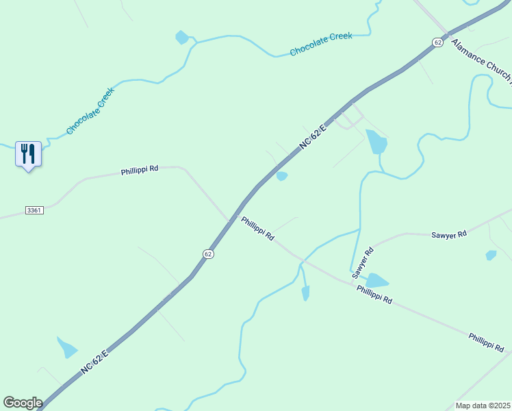 map of restaurants, bars, coffee shops, grocery stores, and more near 3002 North Carolina 62 East in Liberty