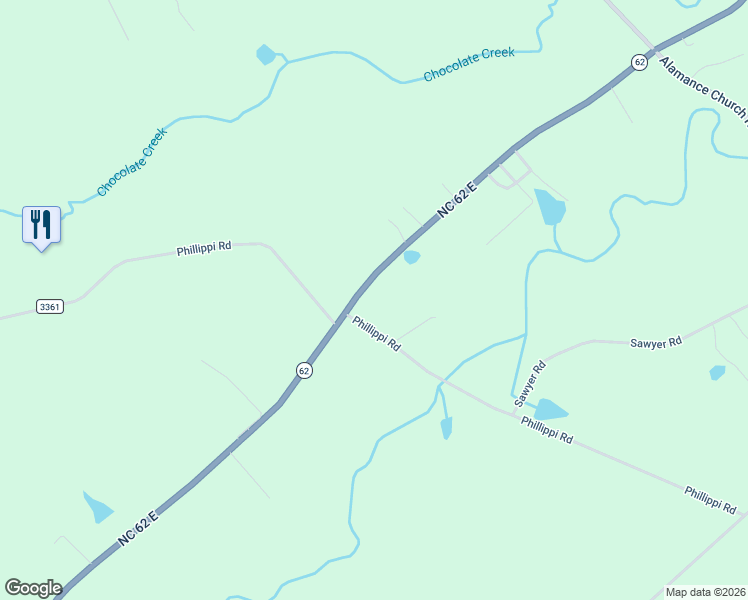 map of restaurants, bars, coffee shops, grocery stores, and more near 3002 North Carolina 62 in Liberty