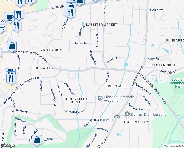 map of restaurants, bars, coffee shops, grocery stores, and more near 3608 Mossdale Avenue in Durham