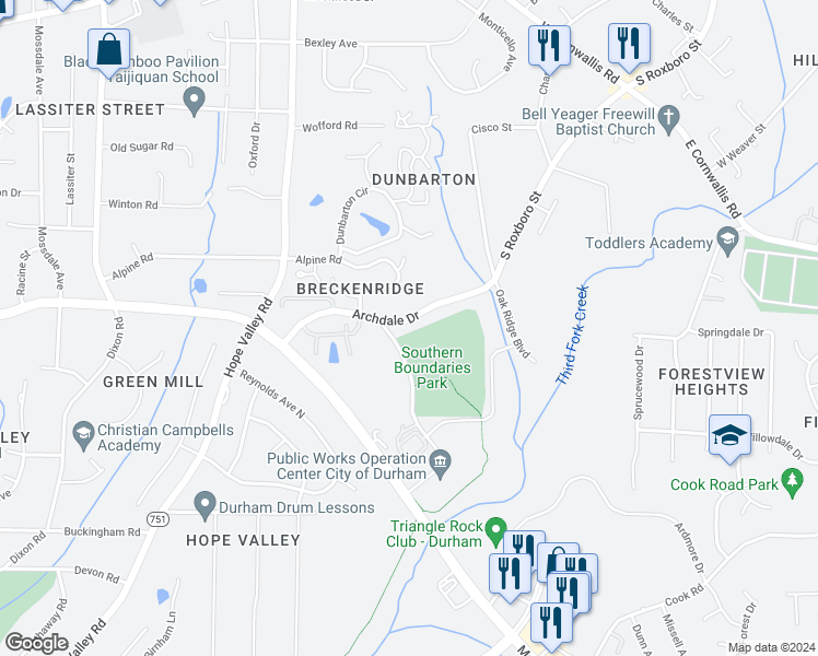 map of restaurants, bars, coffee shops, grocery stores, and more near 221 Archdale Drive in Durham