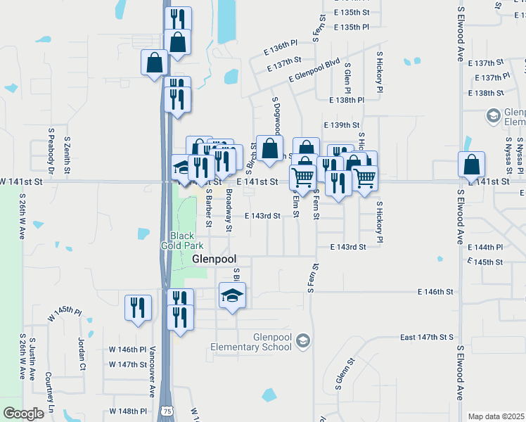 map of restaurants, bars, coffee shops, grocery stores, and more near 163 East 143rd Street in Glenpool