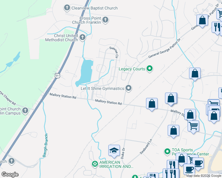 map of restaurants, bars, coffee shops, grocery stores, and more near 8070 Sunrise Circle in Franklin