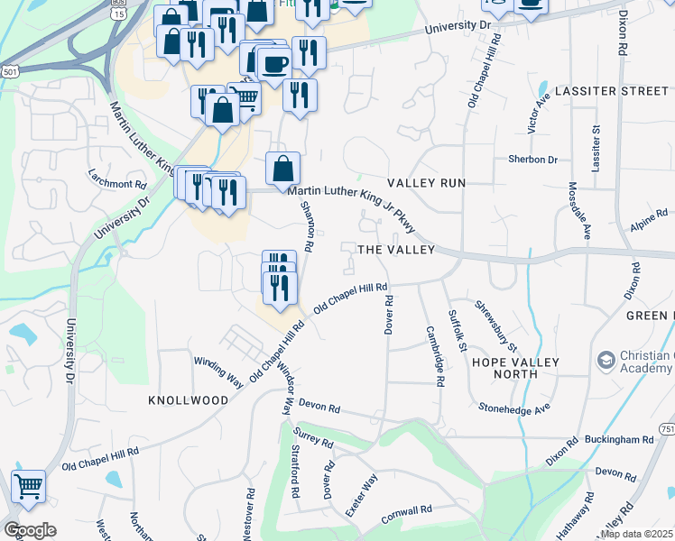 map of restaurants, bars, coffee shops, grocery stores, and more near 39 Cheswick Place in Durham