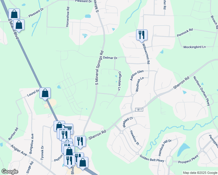 map of restaurants, bars, coffee shops, grocery stores, and more near 435 Kings Lake Way in Durham