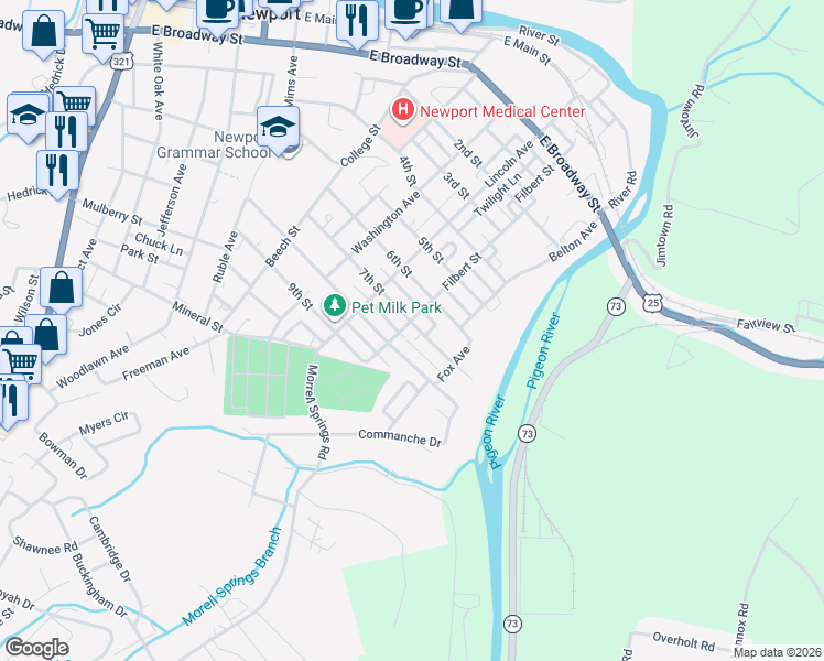 map of restaurants, bars, coffee shops, grocery stores, and more near 649 Domino Street in Newport