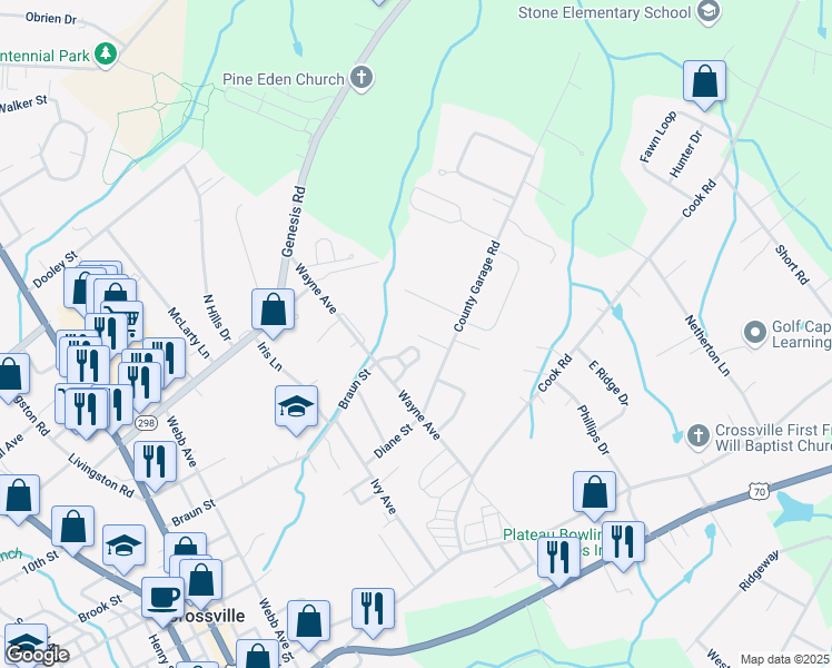 map of restaurants, bars, coffee shops, grocery stores, and more near 155 County Garage Road in Crossville