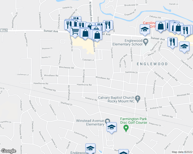 map of restaurants, bars, coffee shops, grocery stores, and more near Woodlawn Road in Rocky Mount