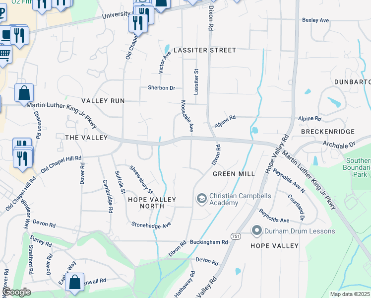 map of restaurants, bars, coffee shops, grocery stores, and more near 3608 Mossdale Avenue in Durham