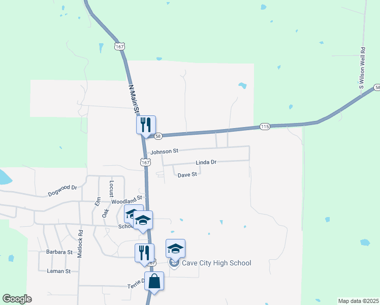 map of restaurants, bars, coffee shops, grocery stores, and more near 425 Johnson Street in Cave City