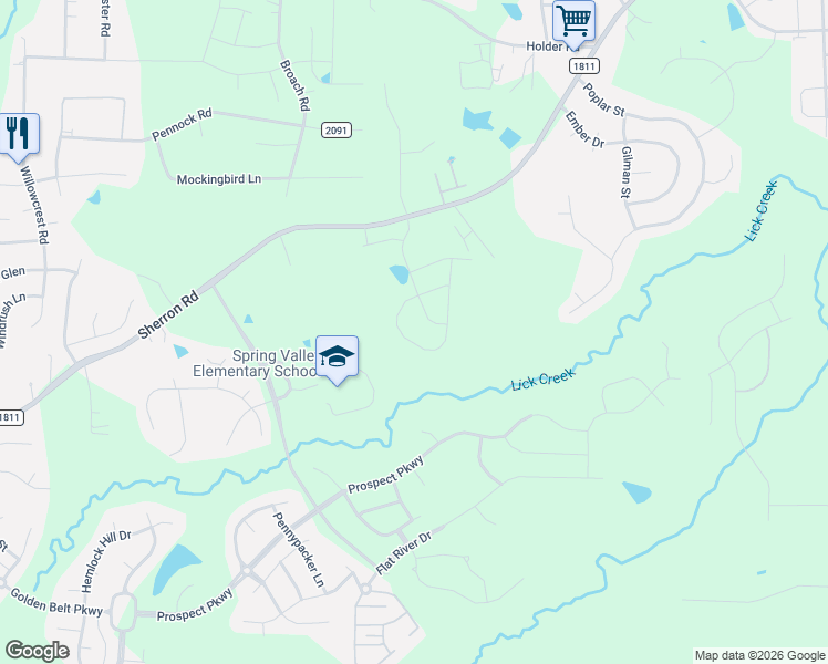 map of restaurants, bars, coffee shops, grocery stores, and more near 1011 Sherron Road in Durham